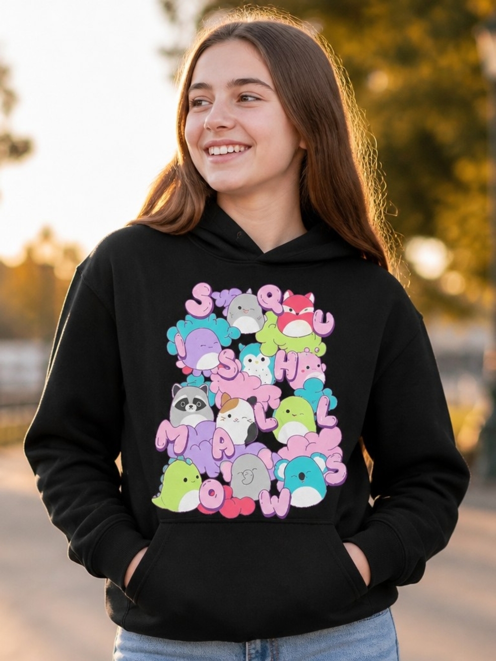 Squishmallows Black Hoodie with Pastel Multi-Animal Graphic